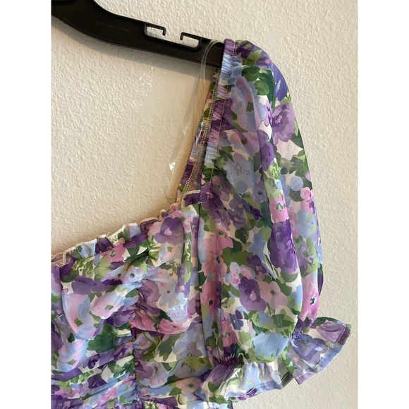 NWT Floral Print Puff Sleeve Tie Back Fit-And-Flare Dress Size XS Purple Blue - Picture 4 of 8